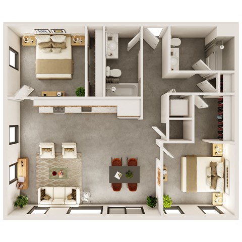Floor plan for 2 beds, 2 baths, 1057 sqft